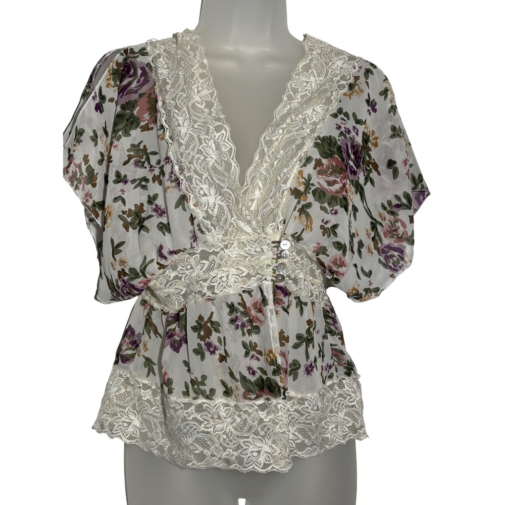 Y2K Bongo Floral Lace Trim Chiffon Blouse‎ Sheer Empire Waist Peplum Top Large
